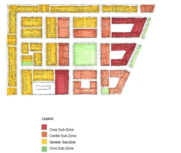 drawing of a mixed-use neighborhood regulating plan