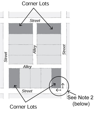 drawing of building plan with corner lots, streets and alleys