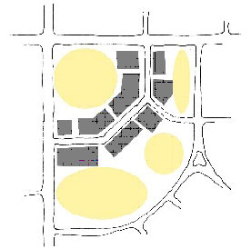 Diagram illustrating appropriate location for parking lots in a Main Street "L" development pattern