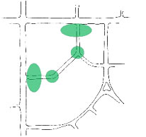 Diagram of location of greens, squares and plazas in in a Main Street "L" development pattern