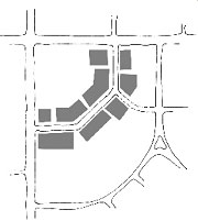 Diagram illustrating appropriate location for buildings of the through accessway in a Main Street "L" development pattern
