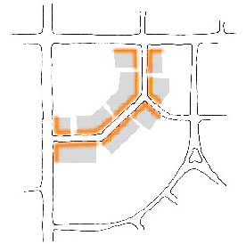Diagram illustrating building facades classified as building fronts in a Main Street "L" development pattern