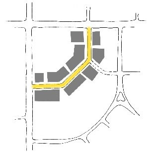 Diagram illustrating appropriate location for on-street or curb-side parallel or angled parking in a Main Street "L" development pattern