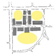 Diagram illustrating appropriate location for parking lots in a Main Street "T" development pattern