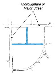 Illustration of a thoroughfare or major street pattern in a Main Street "T" development pattern