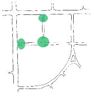 Diagram of location of greens, squares and plazas in a Main Street "T" development pattern