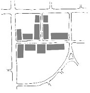 Diagram illustrating appropriate location for buildings of the through accessway in a Main Street "T" development pattern