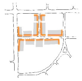Diagram illustrating building facades classified as building fronts in a Main Street "T" development pattern