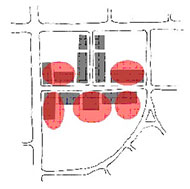 Diagram illustrating appropriate location for large footprint buildings in a Main Street "T" development pattern