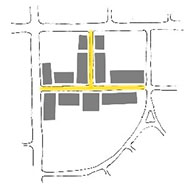 Diagram illustrating appropriate location for on-street or curb-side parallel or angled parking in a Main Street "T" development pattern