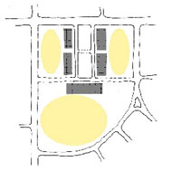 Diagram illustrating appropriate location for parking lots in a Town Square development pattern