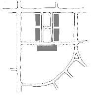 Diagram illustrating appropriate location for buildings of the through accessway in a Town Square development pattern