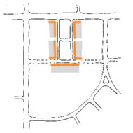 Diagram illustrating building facades classified as building fronts in a Town Square development pattern
