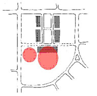 Diagram illustrating appropriate location for large footprint buildings in a Town Square development pattern