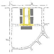 Diagram illustrating appropriate location for on-street or curb-side parallel or angled parking in a Town Square development pattern
