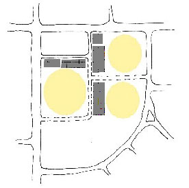 Diagram illustrating appropriate location for parking lots in a Corner Green development pattern
