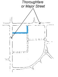 Illustration of a thoroughfare or major street pattern in a Corner Green development pattern