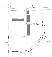 Diagram illustrating appropriate location for buildings of the through accessway in a Corner Green development pattern