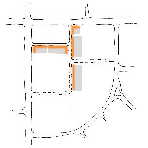Diagram illustrating building facades classified as building fronts in a Corner Green development pattern
