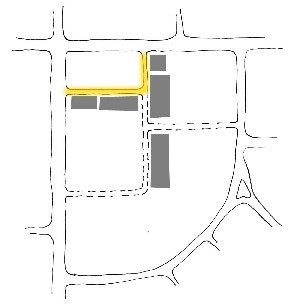 Diagram illustrating appropriate location for on-street or curb-side parallel or angled parking in a Corner Green development pattern