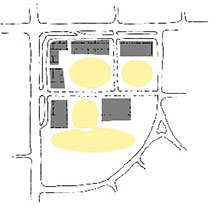 Diagram illustrating appropriate location for parking lots in a Perimeter Street development pattern