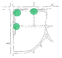 Diagram of location of greens, squares and plazas in a Perimeter Street development pattern
