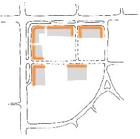 Diagram illustrating building facades classified as building fronts in a Perimeter Street development pattern