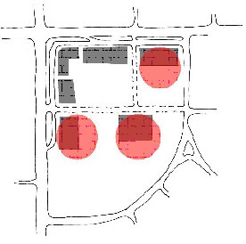 Diagram illustrating appropriate location for large footprint buildings in a Perimeter Street development pattern