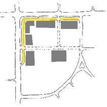 Diagram illustrating appropriate location for on-street or curb-side parallel or angled parking in a Perimeter Street development pattern