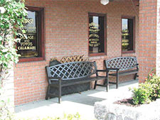 Photo of outdoor seating area located between Pad Site Buildings 