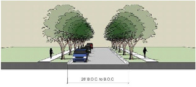 drawing of a tree lined roadway with parallel parking on one side of the street