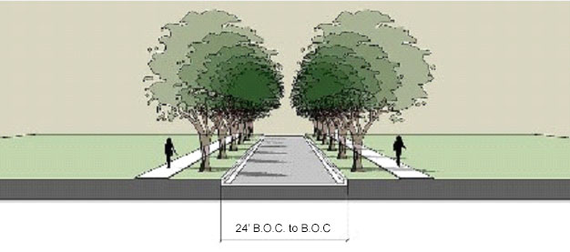 drawing of a tree lined roadway with no parking on either side of the street