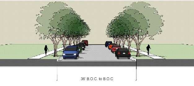 drawing of a tree lined roadway with parallel parking on both sides of the street