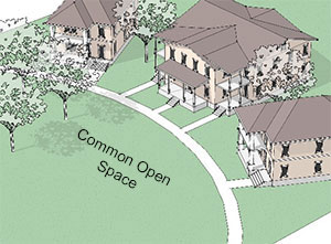 drawing of building facing a common space