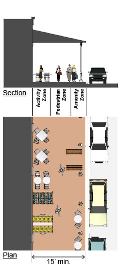 drawing of a pedestrian walkway with a marketway activity zone and street parking