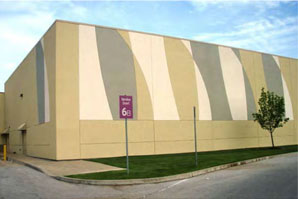 drawing of the front walls of a commercial building with a painted pattern 