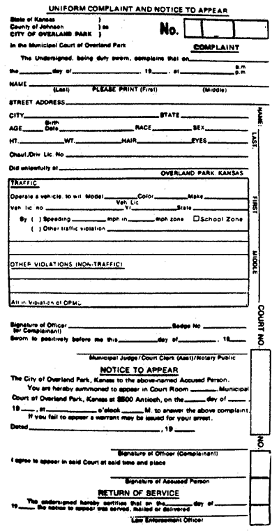 photocopy of a Uniform Complaint and Notice to Appear form