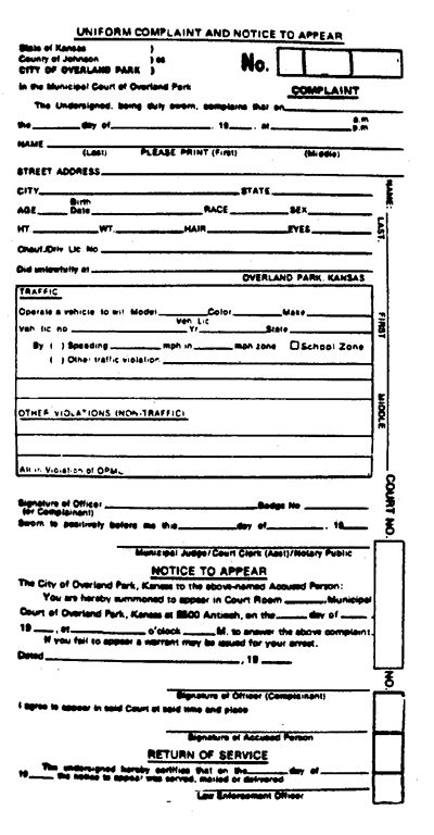 Photocopy of a Uniform Complaint and Notice to Appear form