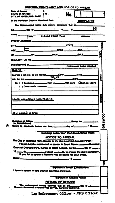 Photocopy of a Uniform Complaint and Notice to Appear form