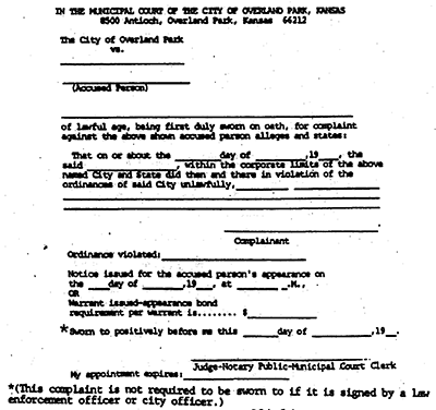 Photocopy of a City Ordinance complaint form