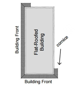drawing of a building with two building fronts with cornice on exterior corners