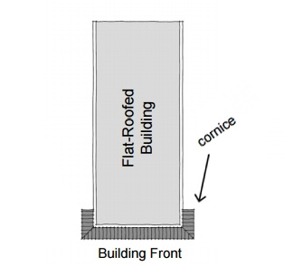 drawing of a building with one building front and exterior wrapped cornice corner