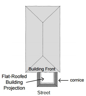 drawing of the front of a building with a front building projection wrapped in cornice around the entire projection