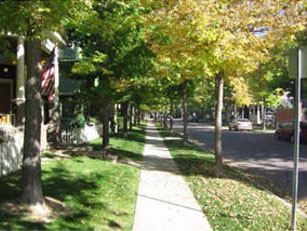 photo of mixed-use building district with sidewalk and landscape
