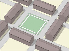 drawing of a neighborhood with a square green space attached