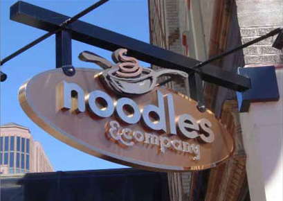 photo of sign protruding from side of commercial building 
